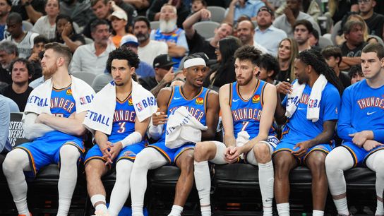 May 24, 2026; San Antonio, Texas, USA; Oklahoma City Thunder guard Shai Gilgeous-Alexander (2) exchanges words with center Chet Holmgren (7) on the bench in the fourth quarter against the San Antonio Spurs during game four of the western conference finals for the 2026 NBA playoffs at Frost Bank Center. May 24, 2026; San Antonio, Texas, USA; Oklahoma City Thunder guard Shai Gilgeous-Alexander (2) exchanges words with center Chet Holmgren (7) on the bench in the fourth quarter against the San Antonio Spurs during game four of the western conference finals for the 2026 NBA playoffs at Frost Bank Center.