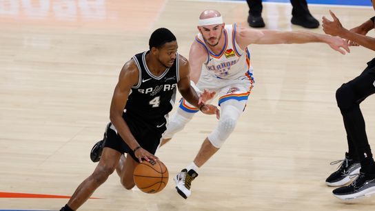 May 26, 2026; Oklahoma City, Oklahoma, USA; San Antonio Spurs guard De'aaron Fox (4) drives against Oklahoma City Thunder guard Alex Caruso (9) during the fourth quarter in game five of the western conference finals for the 2026 NBA playoffs at Paycom Center. May 26, 2026; Oklahoma City, Oklahoma, USA; San Antonio Spurs guard De'aaron Fox (4) drives against Oklahoma City Thunder guard Alex Caruso (9) during the fourth quarter in game five of the western conference finals for the 2026 NBA playoffs at Paycom Center.