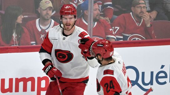 May 27, 2026; Montreal, Quebec, CAN; Carolina Hurricanes right wing Andrei Svechnikov (37) scores an empty net goal against the Montreal Canadiens during the third period in game four of the Eastern Conference Final of the 2026 Stanley Cup Playoffs at Bell Centre.