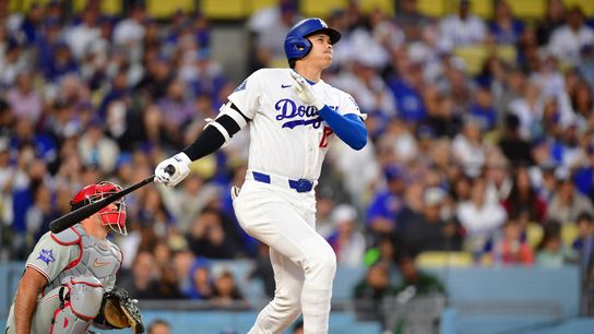 Los Angeles Dodgers two-way player Shohei Ohtani (17) hits a home run against the Philadelphia Phillies in the third inning at Dodger Stadium. Los Angeles Dodgers two-way player Shohei Ohtani (17) hits a home run against the Philadelphia Phillies in the third inning at Dodger Stadium.