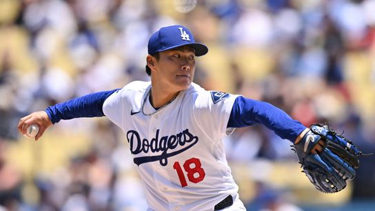 Los Angeles Dodgers pitcher Yoshinobu Yamamoto (18) delivers a pitch in the first inning against the Philadelphia Phillies at Dodger Stadium. Los Angeles Dodgers pitcher Yoshinobu Yamamoto (18) delivers a pitch in the first inning against the Philadelphia Phillies at Dodger Stadium.