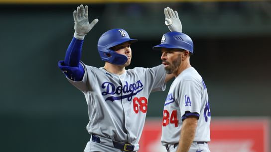 Los Angeles Dodgers catcher Dalton Rushing (68) reacts after hitting a single against the Arizona Diamondbacks in the fifth inning at Chase Field. 