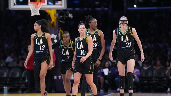 Jun 5, 2026; Los Angeles, California, USA; LA Sparks guard-forward Rae Burrell (12), guard Ariel Atkins (7), forward Nneka Ogwumike (30), guard Kelsey Plum (10) and forward Cameron Brink (22) against the Dallas Wings in the second half at Crypto.com Arena. Jun 5, 2026; Los Angeles, California, USA; LA Sparks guard-forward Rae Burrell (12), guard Ariel Atkins (7), forward Nneka Ogwumike (30), guard Kelsey Plum (10) and forward Cameron Brink (22) against the Dallas Wings in the second half at Crypto.com Arena.