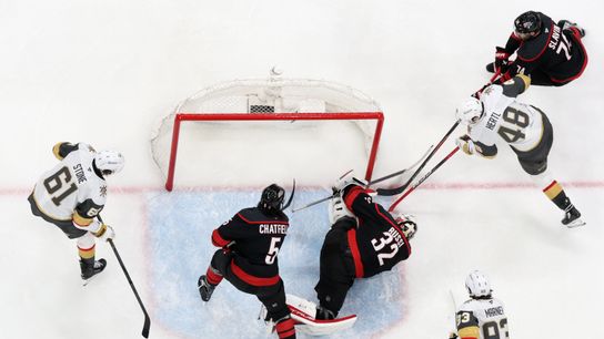 Jun 11, 2026; Raleigh, North Carolina, USA; Carolina Hurricanes goaltender Brandon Bussi (32) freezes the puck against Vegas Golden Knights center Tomas Hertl (48) during the third period in game five of the 2026 Stanley Cup Final at Lenovo Center. Jun 11, 2026; Raleigh, North Carolina, USA; Carolina Hurricanes goaltender Brandon Bussi (32) freezes the puck against Vegas Golden Knights center Tomas Hertl (48) during the third period in game five of the 2026 Stanley Cup Final at Lenovo Center.