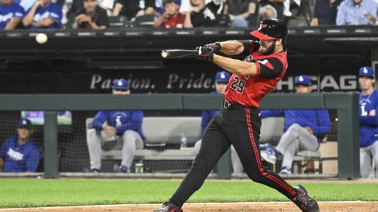 Chicago White Sox center fielder Tristan Peters (29) hits a two RBI triple during the fifth inning against the Los Angeles Dodgers at Rate Field. Chicago White Sox center fielder Tristan Peters (29) hits a two RBI triple during the fifth inning against the Los Angeles Dodgers at Rate Field.
