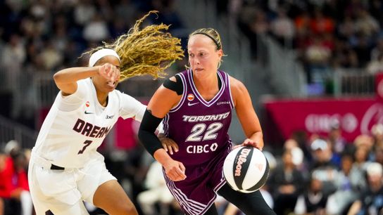 Jun 14, 2026; Toronto, Ontario, CAN; Toronto Tempo guard Julie Allemand (22) dribbles Atlanta Dream guard Jordin Canada (3) during the second half at Coca-Cola Coliseum. Jun 14, 2026; Toronto, Ontario, CAN; Toronto Tempo guard Julie Allemand (22) dribbles Atlanta Dream guard Jordin Canada (3) during the second half at Coca-Cola Coliseum.