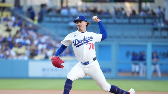 Los Angeles Dodgers starting pitcher Justin Wrobleski (70) throws a pitch during the first inning against the Tampa Bay Rays at Dodger Stadium. Los Angeles Dodgers starting pitcher Justin Wrobleski (70) throws a pitch during the first inning against the Tampa Bay Rays at Dodger Stadium.
