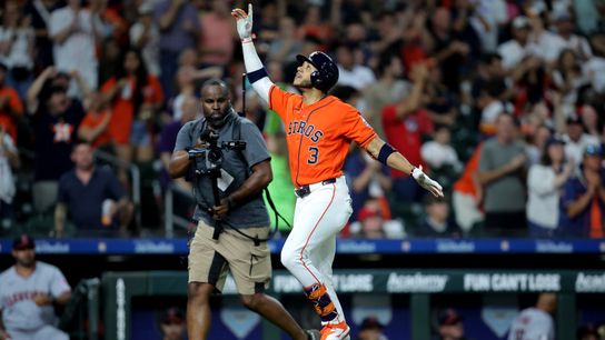 Jun 19, 2026; Houston, Texas, USA; Houston Astros shortstop Jeremy Pena (3) reacts after hitting a home run to left field against the Cleveland Guardians during the seventh inning at Daikin Park. Jun 19, 2026; Houston, Texas, USA; Houston Astros shortstop Jeremy Pena (3) reacts after hitting a home run to left field against the Cleveland Guardians during the seventh inning at Daikin Park.