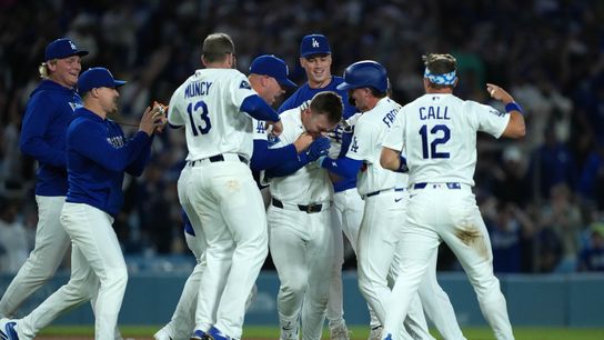 Dalton Rushing flushes a nightmare night, delivers walk-off moment taken at Dodger Stadium (Los Angeles Dodgers). Photo by Kirby Lee-Imagn Images
