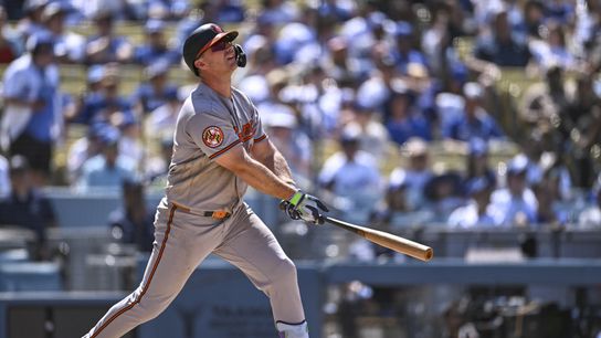 Baltimore Orioles first baseman Pete Alonso (25) hits a three-run home run against the Los Angeles Dodgers during seventh inning at Dodger Stadium. Baltimore Orioles first baseman Pete Alonso (25) hits a three-run home run against the Los Angeles Dodgers during seventh inning at Dodger Stadium.