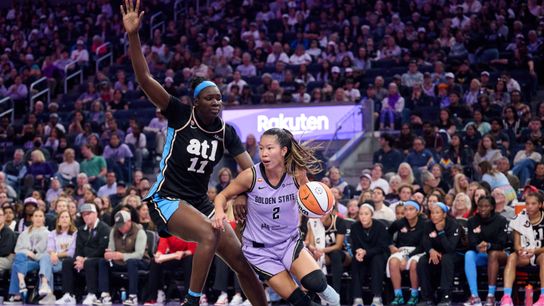 Jun 26, 2026; San Francisco, California, USA; Golden State Valkyries guard Kaitlyn Chen (2) drives to the basket against Atlanta Dream center Madina Okot (11) during the second quarter at Chase Center. 