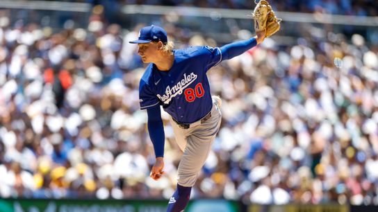 Los Angeles Dodgers starting pitcher Emmet Sheehan (80) throws a pitch during the first inning against the San Diego Padres at Petco Park. 