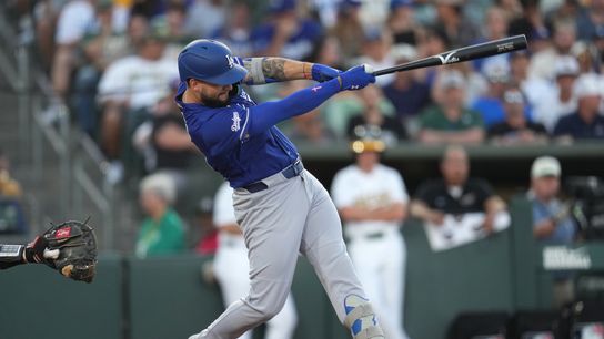 Los Angeles Dodgers center fielder Andy Pages (44) hits a two-run home run against the Athletics in the fourth inning at Sutter Health Park. 