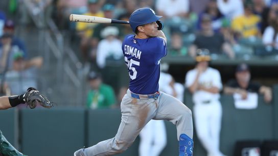 Los Angeles Dodgers third baseman Tommy Edman (25) hits a three-run home run during the third inning against the Athletics at Sutter Health Park. Los Angeles Dodgers third baseman Tommy Edman (25) hits a three-run home run during the third inning against the Athletics at Sutter Health Park.
