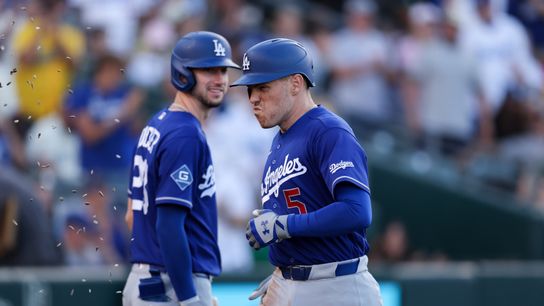 Los Angeles Dodgers first baseman Freddie Freeman (5) is greeted by right fielder Kyle Tucker (23)after hitting a one run home run during the third inning against the Athletics at Sutter Health Park. Los Angeles Dodgers first baseman Freddie Freeman (5) is greeted by right fielder Kyle Tucker (23)after hitting a one run home run during the third inning against the Athletics at Sutter Health Park.
