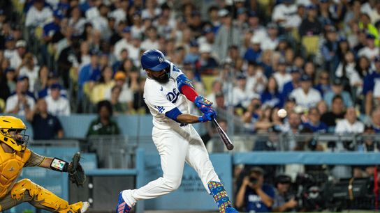 Jul 3, 2026; Los Angeles, California, USA; Los Angeles Dodgers left fielder Teoscar Hernandez (37) hits a grand slam in the bottom of the seventh inning against the San Diego Padres at Dodger Stadium. Jul 3, 2026; Los Angeles, California, USA; Los Angeles Dodgers left fielder Teoscar Hernandez (37) hits a grand slam in the bottom of the seventh inning against the San Diego Padres at Dodger Stadium.