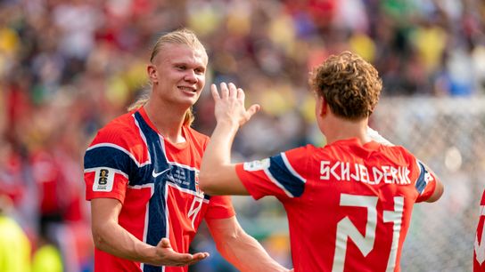 Norway forward Erling Haaland (9) celibates with Norway forward Andreas Schjelderup (21) after scoring the second goal of the game during FIFA World Cup 2026 round of 16 match between Norway and Brazil at New York New Jersey Stadium on Sunday, July 5, 2026, in East Rutherford, NJ. Norway forward Erling Haaland (9) celibates with Norway forward Andreas Schjelderup (21) after scoring the second goal of the game during FIFA World Cup 2026 round of 16 match between Norway and Brazil at New York New Jersey Stadium on Sunday, July 5, 2026, in East Rutherford, NJ.