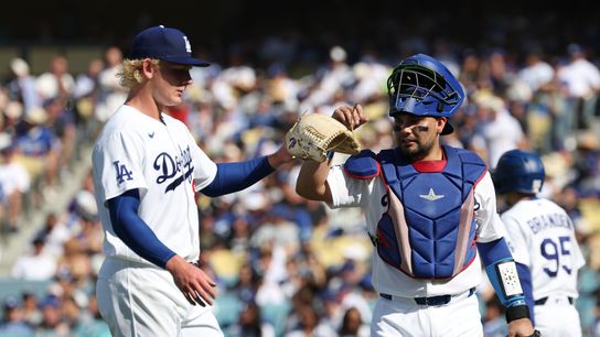 Los Angeles Dodgers pitcher Emmet Sheehan (80) and catcher Elizer Alfonzo (64) walk off the field at the end of the second inning at Dodger Stadium. Los Angeles Dodgers pitcher Emmet Sheehan (80) and catcher Elizer Alfonzo (64) walk off the field at the end of the second inning at Dodger Stadium.