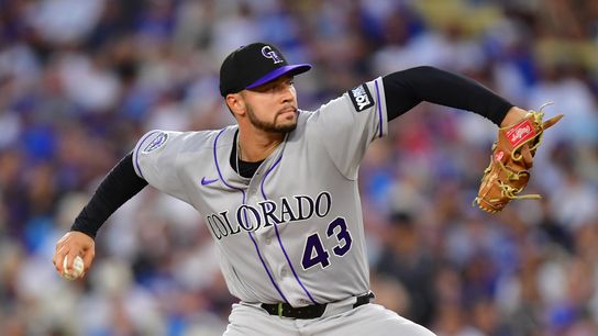 Colorado Rockies pitcher Gabriel Hughes (43) pitches in the third inning against the Los Angeles Dodgers at Dodger Stadium. Colorado Rockies pitcher Gabriel Hughes (43) pitches in the third inning against the Los Angeles Dodgers at Dodger Stadium.