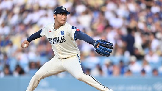 Los Angeles Dodgers pitcher Yoshinobu Yamamoto (18) throws during the second inning against the Arizona Diamondbacks at Dodger Stadium. Los Angeles Dodgers pitcher Yoshinobu Yamamoto (18) throws during the second inning against the Arizona Diamondbacks at Dodger Stadium.