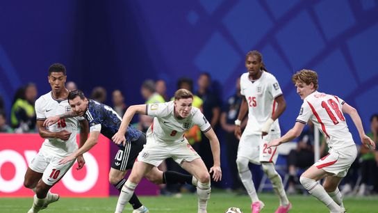 July 15, 2026; Atlanta, Georgia, U.S.; England's Elliot Anderson, Anthony Gordon, and Jude Bellingham in action with Argentina's Lionel Messi. July 15, 2026; Atlanta, Georgia, U.S.; England's Elliot Anderson, Anthony Gordon, and Jude Bellingham in action with Argentina's Lionel Messi.