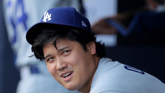 Los Angeles Dodgers designated hitter Shohei Ohtani (17) in the dugout before the start of a game against the New York Yankees at Yankee Stadium. Los Angeles Dodgers designated hitter Shohei Ohtani (17) in the dugout before the start of a game against the New York Yankees at Yankee Stadium.