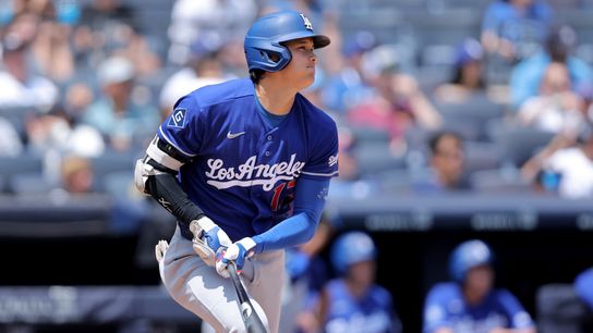 Los Angeles Dodgers designated hitter Shohei Ohtani (17) follows through on an RBI double against the New York Yankees during the third inning at Yankee Stadium. Los Angeles Dodgers designated hitter Shohei Ohtani (17) follows through on an RBI double against the New York Yankees during the third inning at Yankee Stadium.
