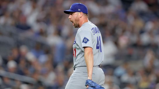 Los Angeles Dodgers relief pitcher Brock Stewart (41) reacts during the fifth inning against the New York Yankees at Yankee Stadium. Los Angeles Dodgers relief pitcher Brock Stewart (41) reacts during the fifth inning against the New York Yankees at Yankee Stadium.