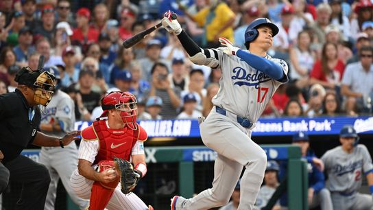 Los Angeles Dodgers two-way player Shohei Ohtani (17) strikes out during the first inning against the Philadelphia Phillies at Citizens Bank Park. Los Angeles Dodgers two-way player Shohei Ohtani (17) strikes out during the first inning against the Philadelphia Phillies at Citizens Bank Park.