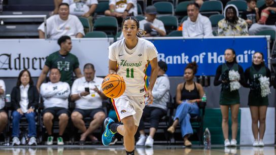 Hawaii freshman G Keiara Curtis handles the ball on Senior Night. Hawaii freshman G Keiara Curtis handles the ball on Senior Night.