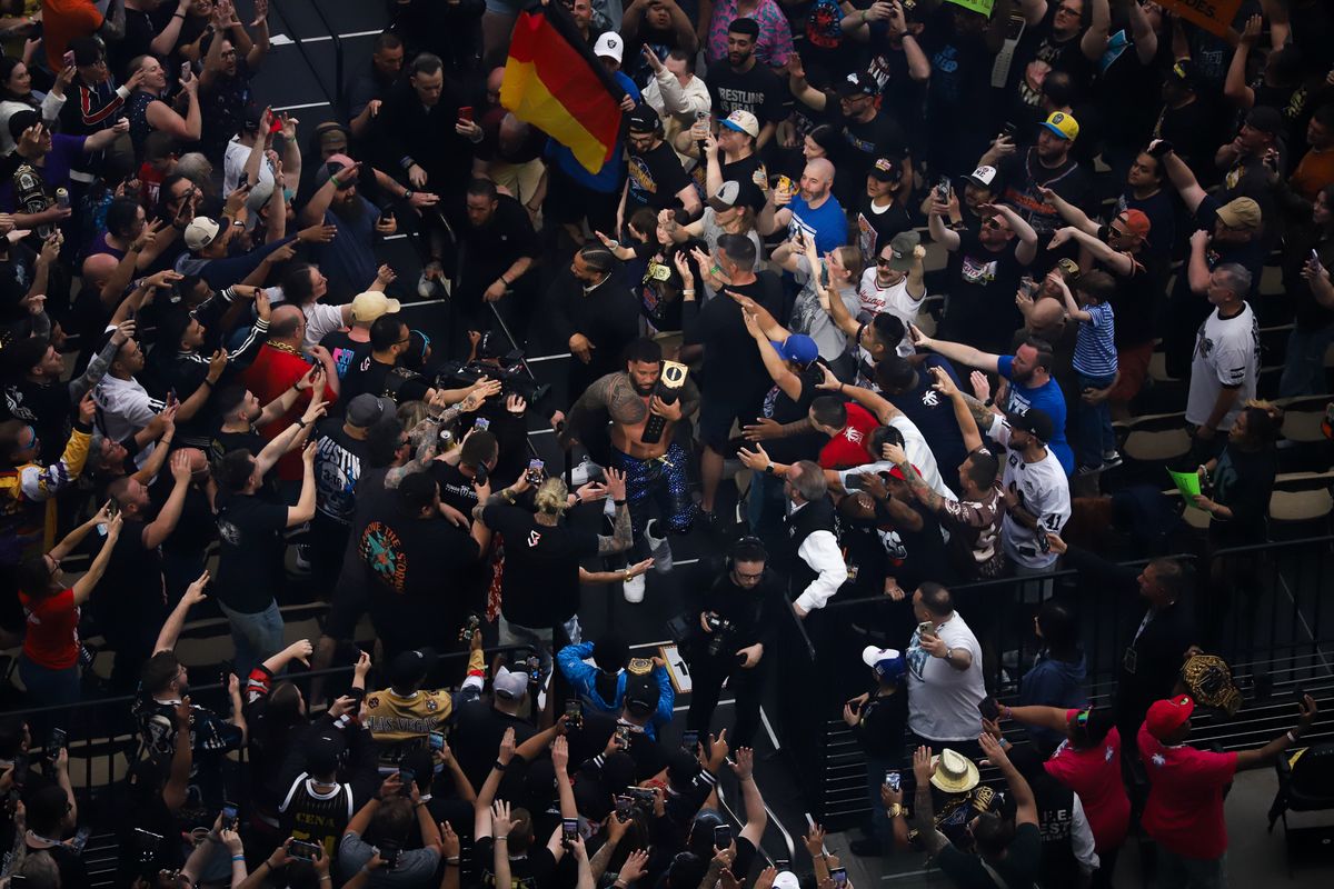 Jey Uso walks through the crowd after defeating Gunther in WWE match to become the heavyweight champion during WrestleMania 41 In Las Vegas on Saturday April 19, 2025.