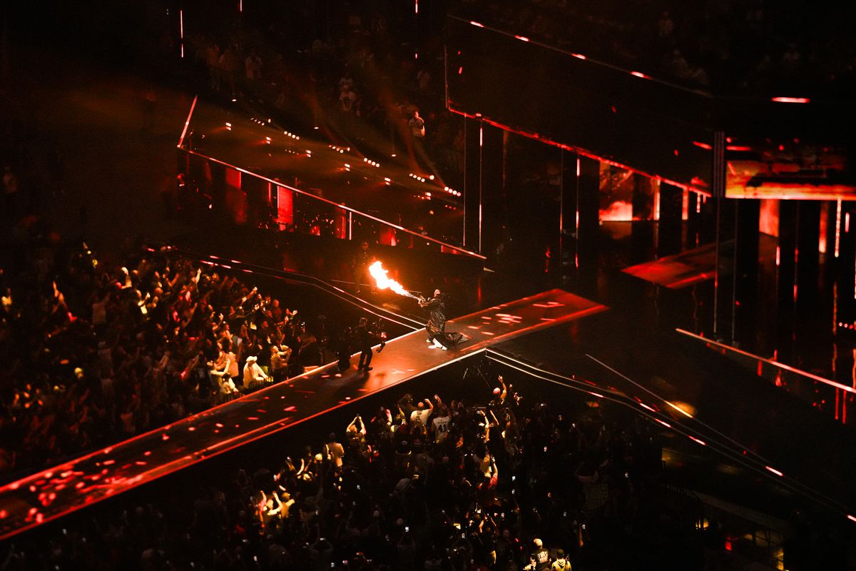 Roman Reigns makes an entrance prior to match against Seth Rollins and CM Punk during WrestleMania 41 In Las Vegas on Saturday April 19, 2025.