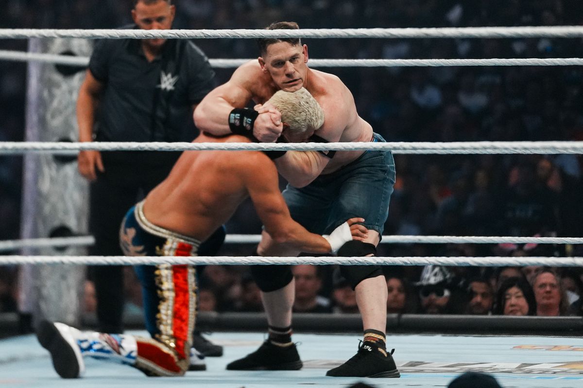 John Cena holds Cody Rhodes in a headlock in WWE Championship match during WrestleMania 41 In Las Vegas on Sunday April 20, 2025.