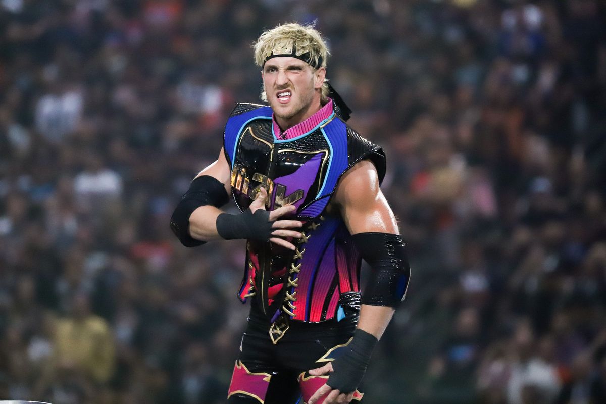 Logan Paul makes an entrance prior to his match against AJ Styles during WrestleMania 41 In Las Vegas on Sunday April 20, 2025.