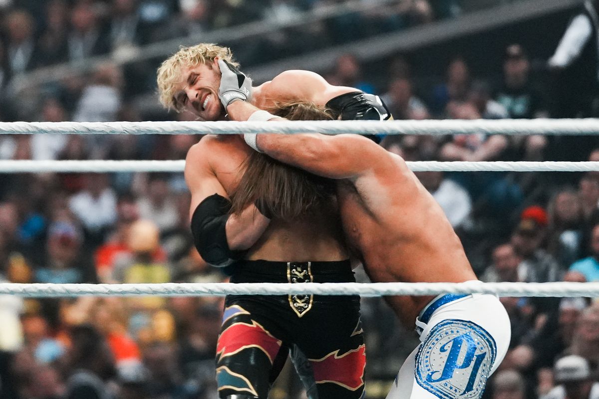 Logan Paul and AJ Styles in the ring during WrestleMania 41 In Las Vegas on Sunday April 20, 2025.