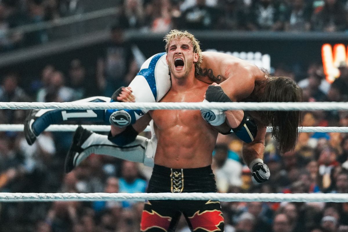 Logan Paul and AJ Styles in the ring during WrestleMania 41 In Las Vegas on Sunday April 20, 2025.