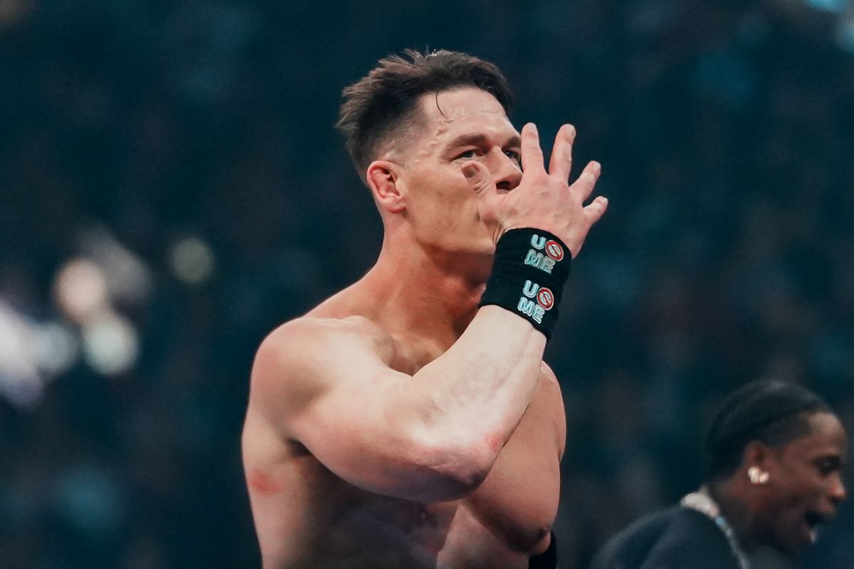 John Cena motions to the crowd after defeating Cody Rhodes in WWE Championship match during WrestleMania 41 In Las Vegas on Sunday April 20, 2025.