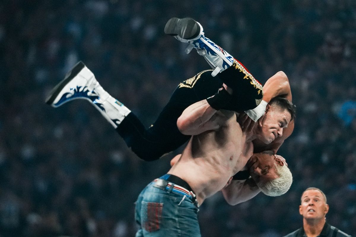 John Cena and Cody Rhodes in WWE Championship match during WrestleMania 41 In Las Vegas on Sunday April 20, 2025.