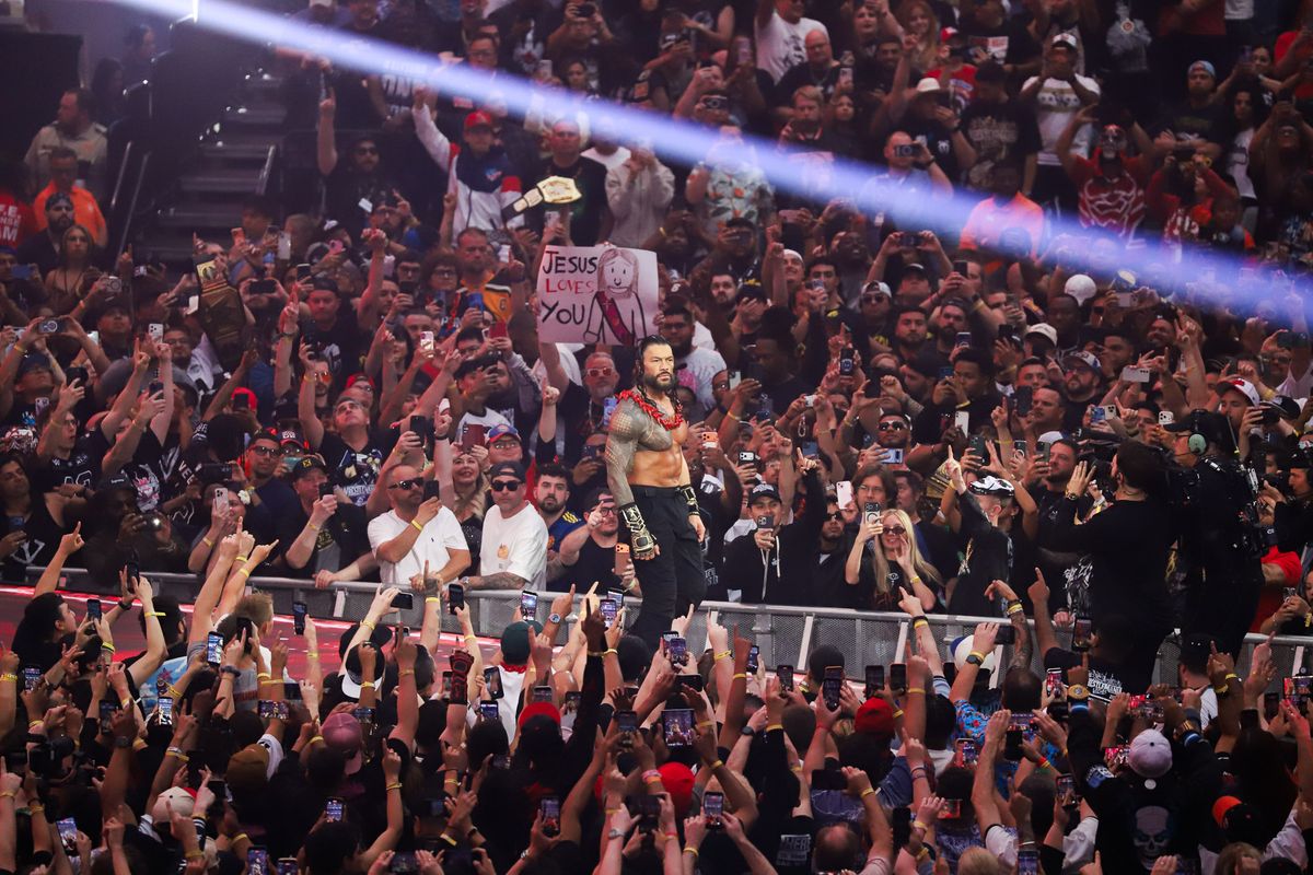 WWE wrestler Roman Reigns enters the Stadium ahead of the WWE World Heavyweight Championship match against CM Punk during WrestleMania 42 on Sunday April 19, 2026 at Allegiant Stadium.
