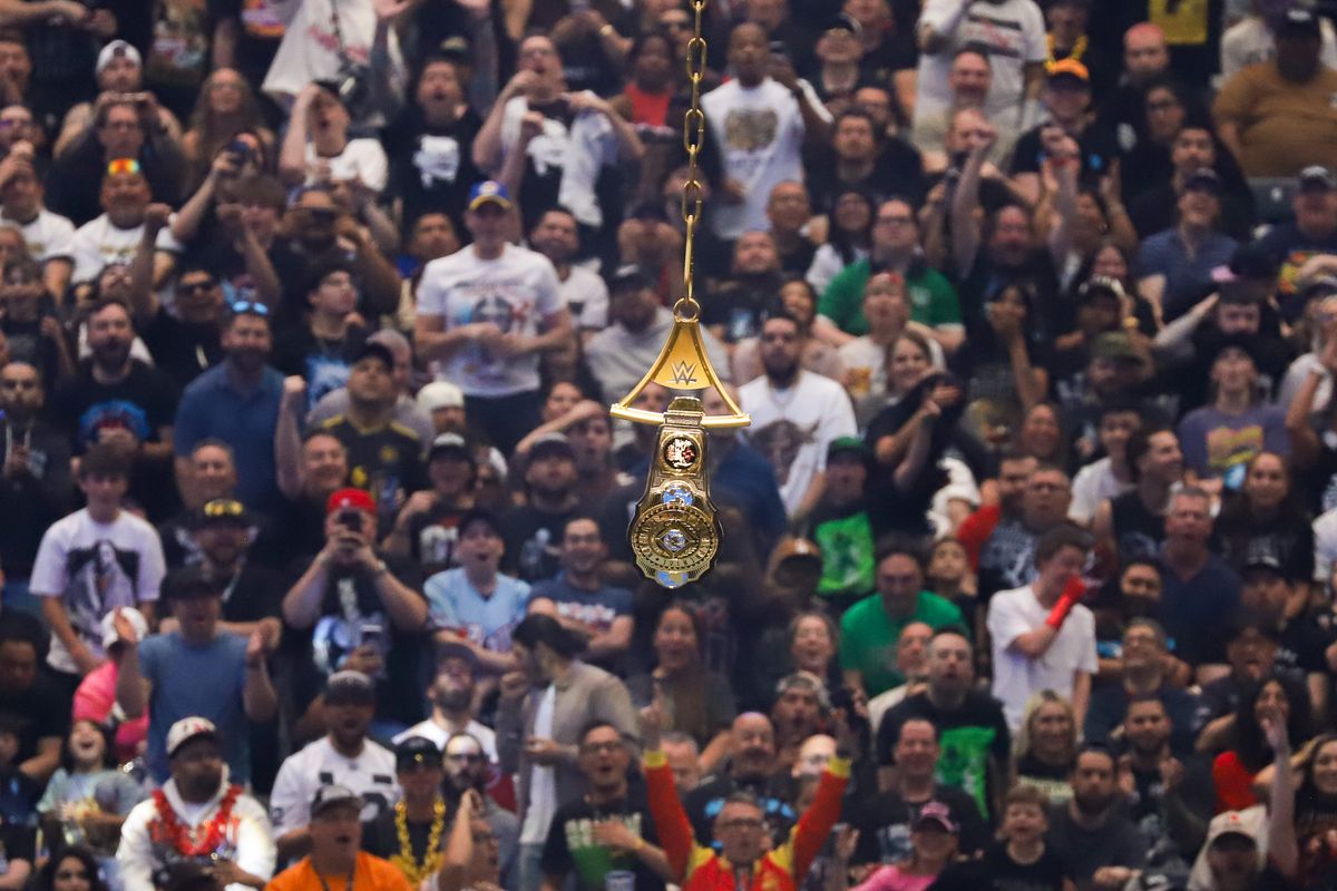 WWE Intercontinental championship belt  hangs above the ring  in the Intercontinental Championship ladder match during WrestleMania 42 on Sunday April 19, 2026 at Allegiant Stadium.
