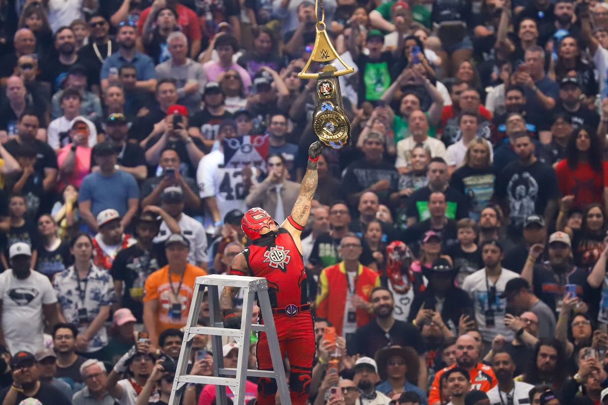 WWE wrestler Rey Mysterio reaches for the in the Intercontinental Championship ladder match during WrestleMania 42 on Sunday April 19, 2026 at Allegiant Stadium.