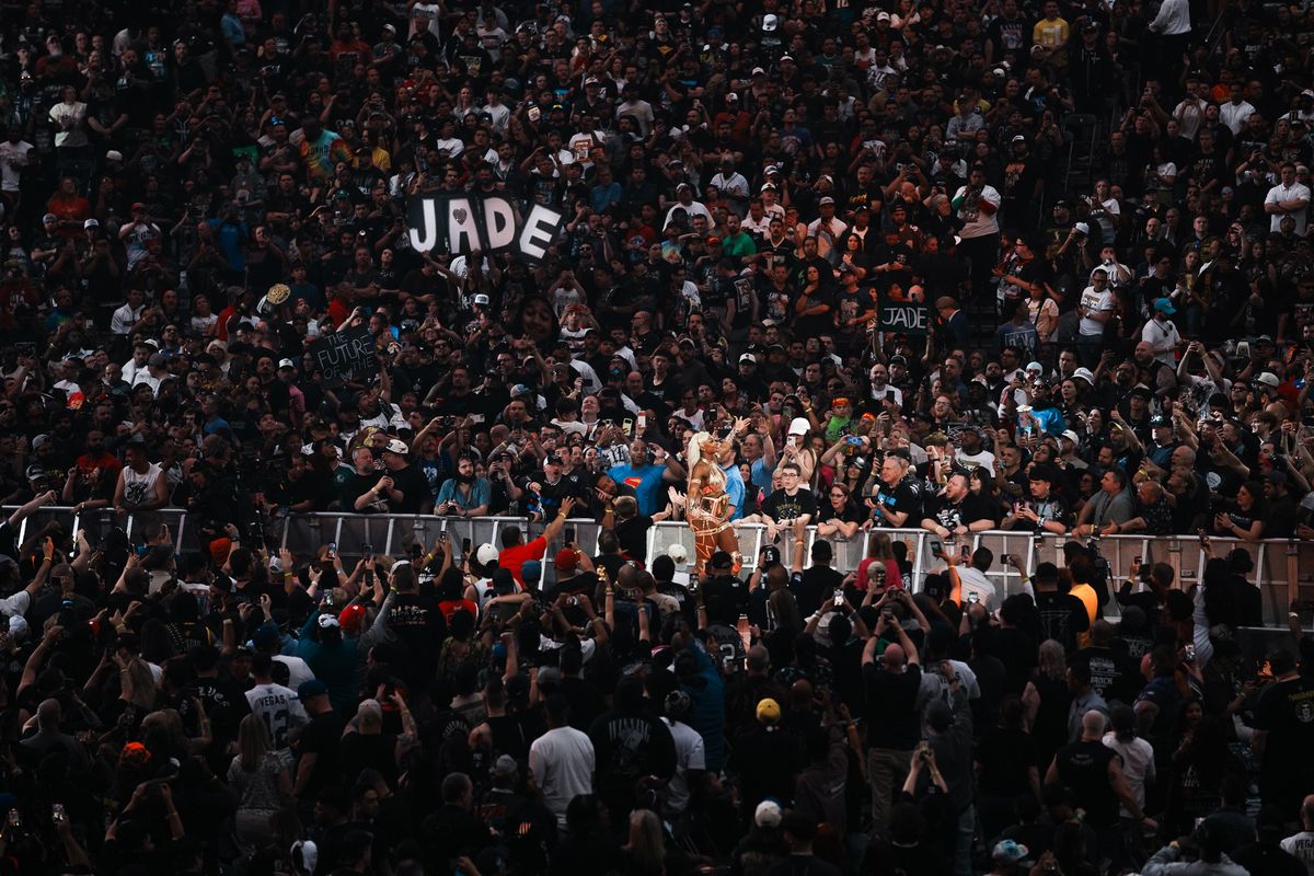 WWE wrestler Jade Cargill enters the stadium ahead of the women’s championship match against Rhea Ripley during WrestleMania 42 on Sunday April 19, 2026 at Allegiant Stadium.