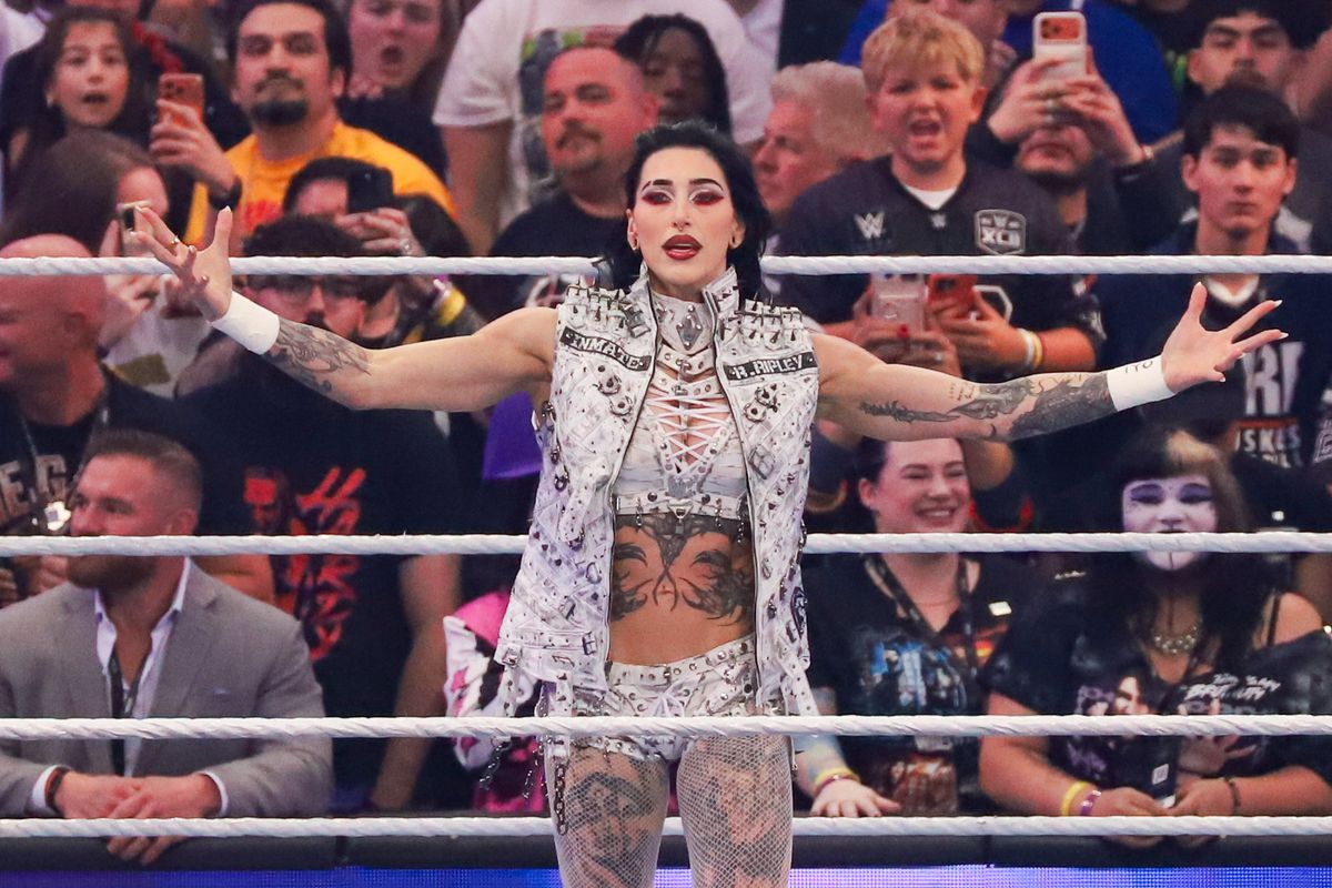 WWE wrestler Reah Ripley makes an entrance ahead of the WWE Women’s Championship against Jade Cargill  during WrestleMania 42 on Sunday April 19, 2026 at Allegiant Stadium.