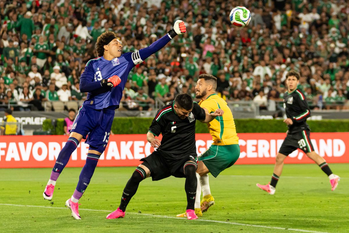 Mexican National Team goalkeeper Guillermo Ochoa (13), blocks a goal attempt during an International Friendly against Australia on May 30th, 2026 in Pasadena, California. Mexican National Team goalkeeper Guillermo Ochoa (13), blocks a goal attempt during an International Friendly against Australia on May 30th, 2026 in Pasadena, California.