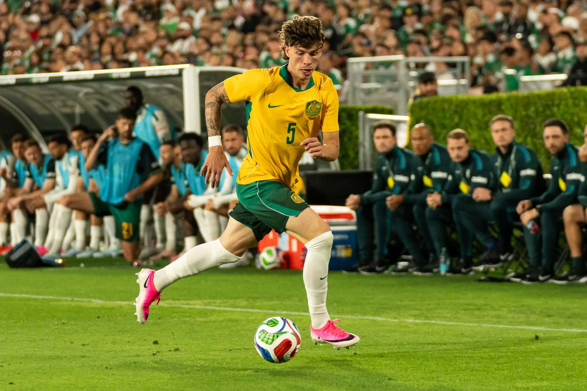Australian National Team left wing back Jordan Bos (5), looks to score during an International Friendly against Mexico on May 30th, 2026 in Pasadena, California. Australian National Team left wing back Jordan Bos (5), looks to score during an International Friendly against Mexico on May 30th, 2026 in Pasadena, California.