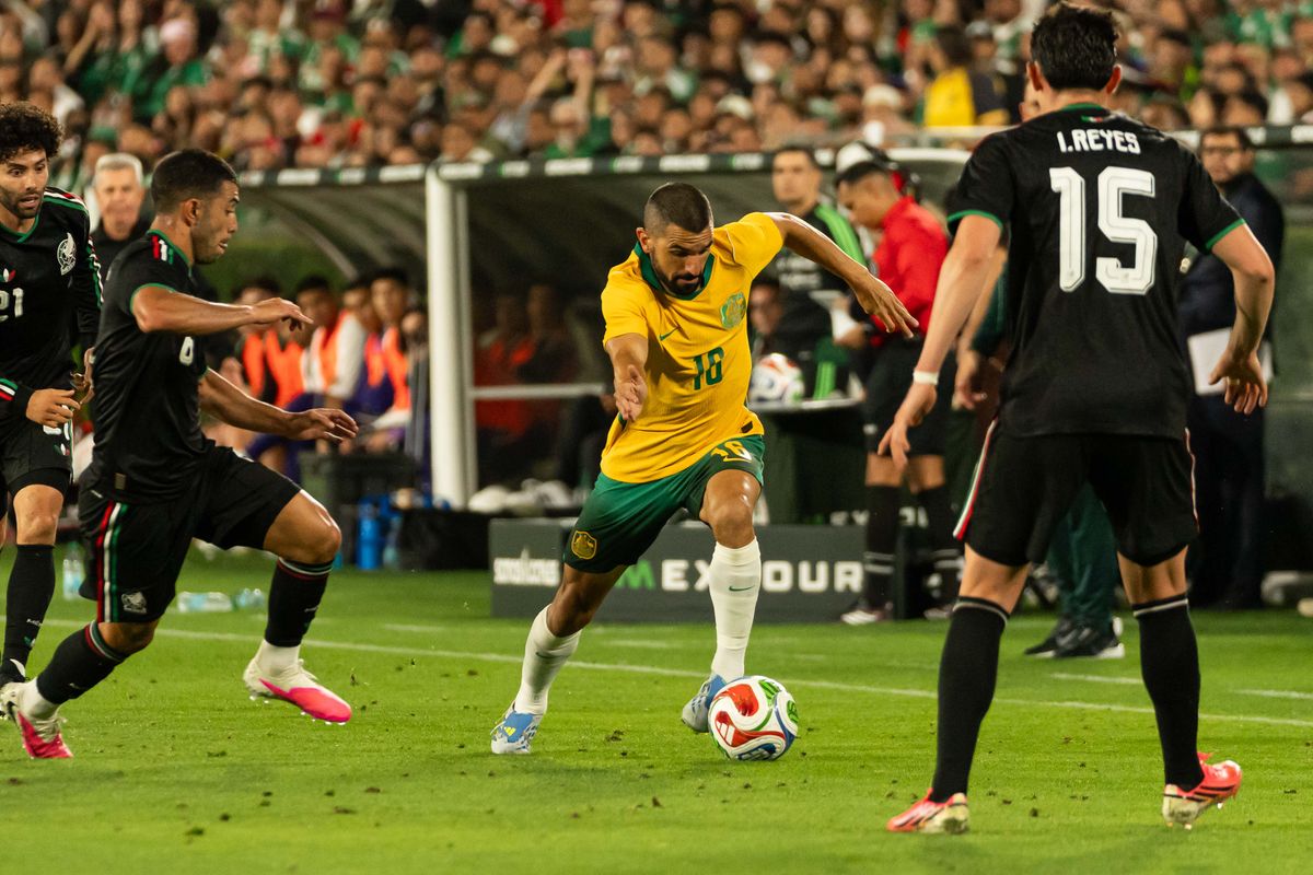 Australian National Team Aziz Behich (16), looks to score during an International Friendly against Mexico on May 30th, 2026 in Pasadena, California. Australian National Team Aziz Behich (16), looks to score during an International Friendly against Mexico on May 30th, 2026 in Pasadena, California.