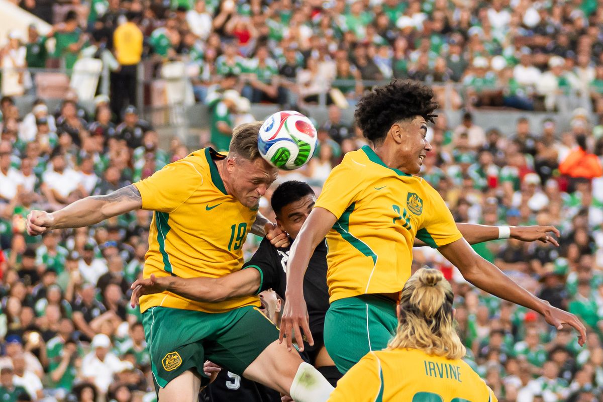 Australian National Team centre back Harry Souttar (19), goes for a header during an International Friendly against Mexico on May 30th, 2026 in Pasadena, California. Australian National Team centre back Harry Souttar (19), goes for a header during an International Friendly against Mexico on May 30th, 2026 in Pasadena, California.