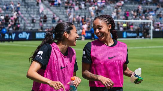Angel City Forward Christen Press  (23) and Forward Syden Leroux (2) talking during pregame for  a NWSL soccer game against the Chicago Red Stars,Sunday, September 1st, 2024 in Los Angeles, California 