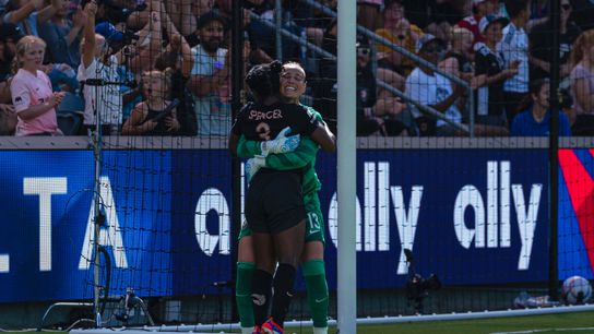 Angel City Goalkeeper Didi Haracic (13) celebrating the win with Defender Jasmyne Spencer (3) during a NWSL soccer game against the Chicago Red Stars,Sunday, September 1st, 2024 in Los Angeles, California 