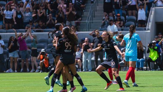 Angel City celebrating a goal by Alyssa Thompson during a NWSL soccer game against the Chicago Red Stars,Sunday, September 1st, 2024 in Los Angeles, California 